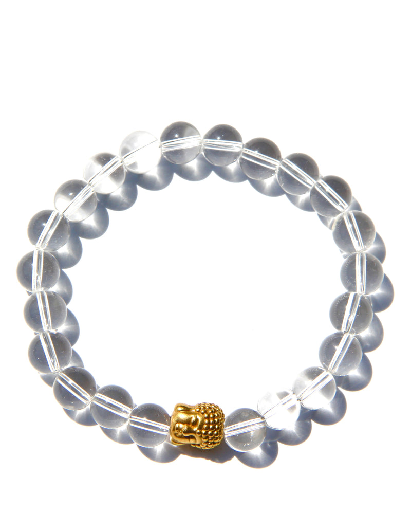 Clear Himalayan quartz beads bracelet, an embodiment of Divine Light.  It helps illuminate the crystalline structure, and fill it with Divine white Light.  High quality crystal clear Himalayan quartz with a 24k yellow gold, double sided Buddha head.  The resonance of the beads is pure Divine white Light and vibrate at a very high frequency.