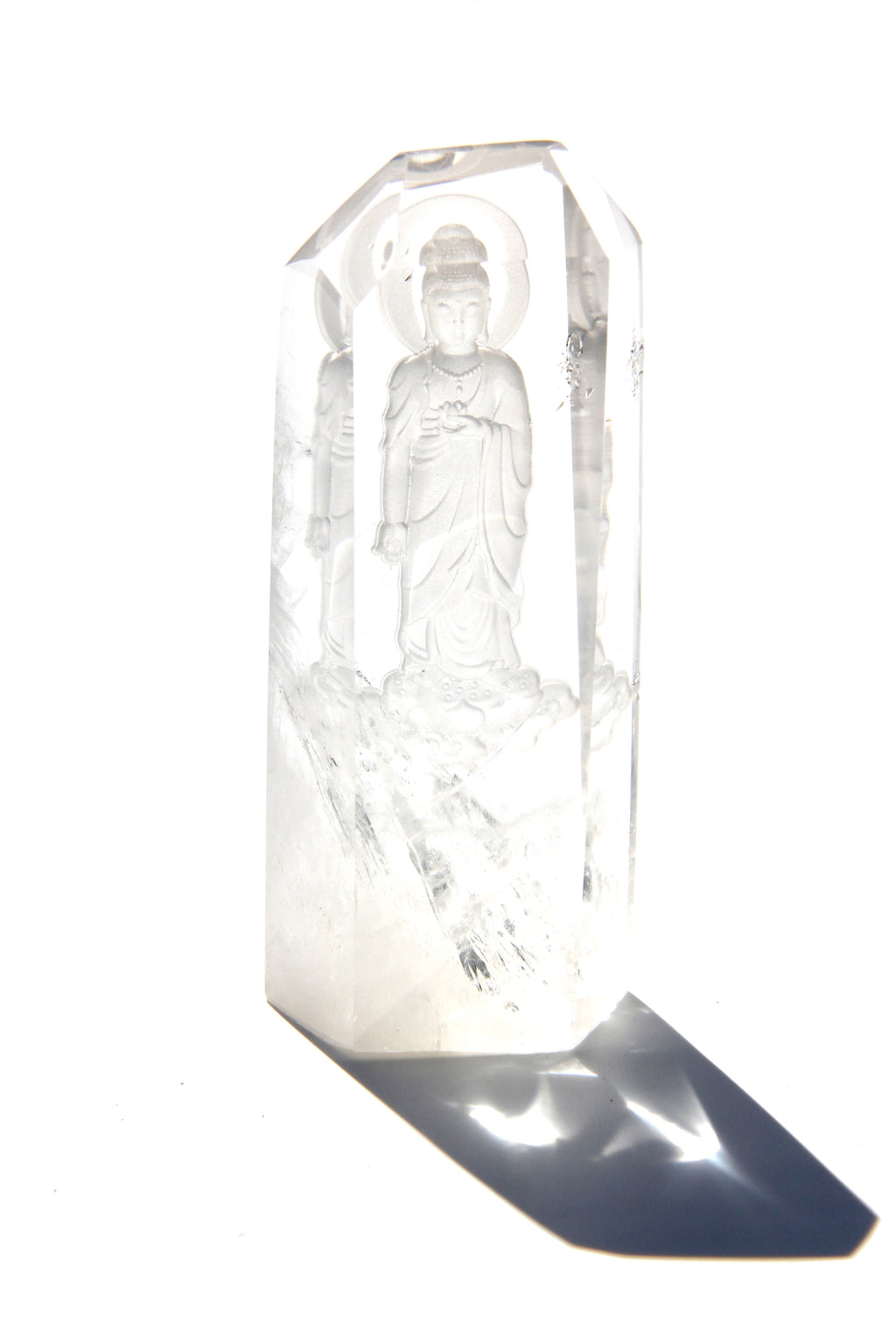 Intaglio carving of the Lord Buddha, with a Lotus on the heart on an Himalayan crystal.  Himalayan crystal are a pure symbol of the Light and many anchor magnificent codes on Gaïa, 