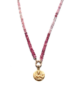 Pink tourmaline and rubellite necklace with an 18k yellow gold and white diamond clicker that can be opened to add more pendants. On the clicker an 18k yellow gold medal of the Divine feminine. Tourmaline and rubellite are stone vibrating at Divine Love frequency.  The necklace will rest on the higher Heart chakra.