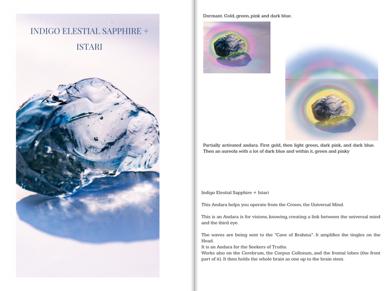 Lady Nellie Andara multi:  Indigo Elestial Sapphire + Istari.  It is an Andara for the seekers of Truth.  Truth being one the the most important part of the path, the Divine Truth , the Truth of Source and of what is. Very different from beliefs.  Lovely rainbow on the Andara.