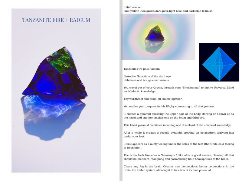 Auras of tanzanite + radium green Andara. Tanzanite + Radium green Andara.  Clears any fogs in the brain. Work on the neural net, creates new connections, better connections in the brain and limbic system, allowing to function at to true potential.